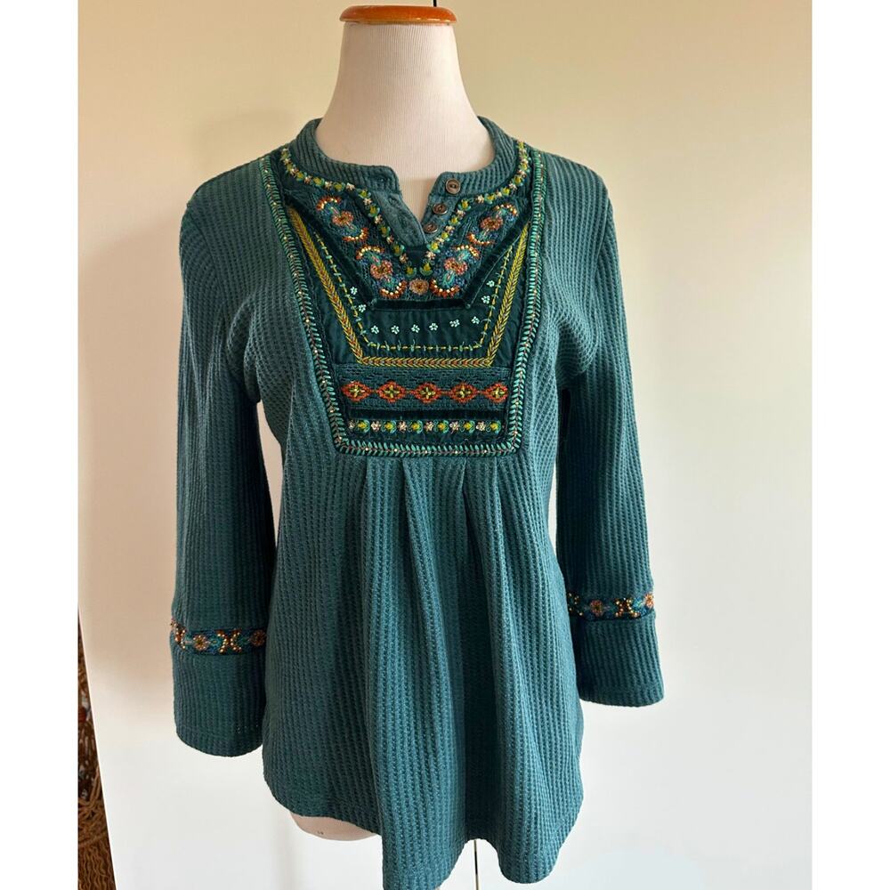 Soft Surroundings Womens Thermal Boho Top Size M Teal Embellished Hippie - Picture 11 of 11